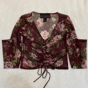 Polly & Esther Burgundy Floral Ruched Mesh Blouse